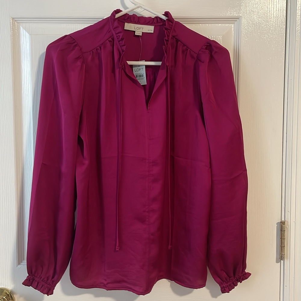 BRAND NEW WITH TAGS! LOFT Ruffle Tie Neck Mixed Media Blouse - Picture 2 of 6